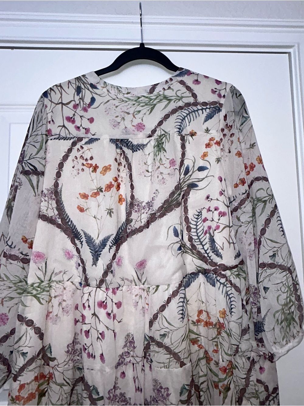 New, FAIRHOPE Floral Feather Print Ruffle Tier Tunic Cottage Long Sleeve Dress - Picture 10 of 12